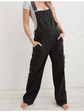 aerie baggy gray Cargo Denim Overalls wide leg size M